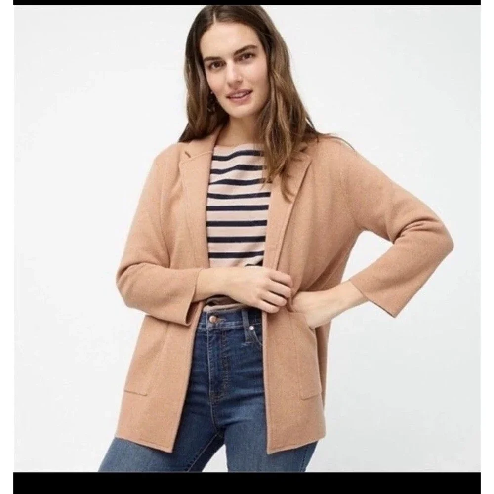 J.Crew Sophie Open Front Sweater Blazer Tan Camel Merino Wool Blend Medium